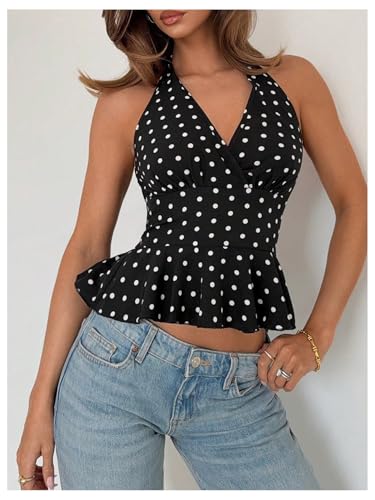 MakeMeChic Women's Polka Dots Halter Tops V Neck Tie Back Wrap Shirt Sleeveless Cami Top4