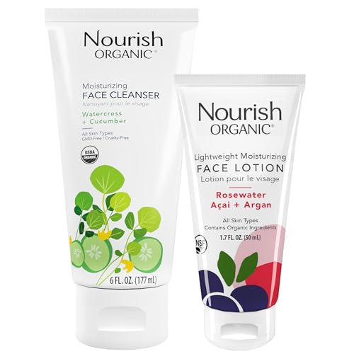 Nourish Organic Face Cleanser + Face Lotion Set – Lightweight, Moisturizing Formulas with Hydrating Aloe Vera and Replenishing Botanicals