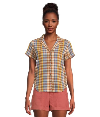 Toad&Co Women's Camp Cove Short Sleeve Shirt Umber Plaid Large