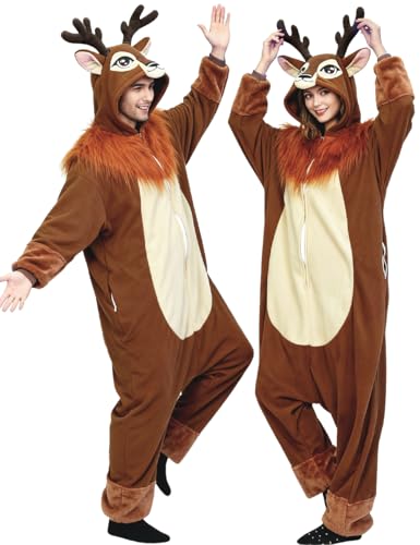 ANPRWZ Reindeer Onesie Adult Halloween Funny Animal Onesie Christmas Cosplay Costumes for Women and Men