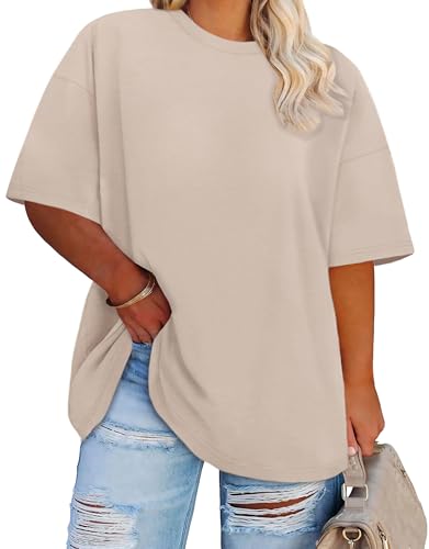 Plus Size Tops Oversized Tshirts for Women Basic Tees, Khaki, 3XL