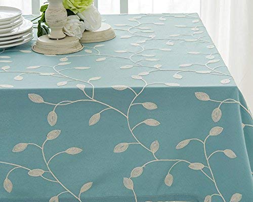 Tina Cotton Linen Tablecloth Leaf Embroidered Table Cover for Dinner Kitchen Blue, 36