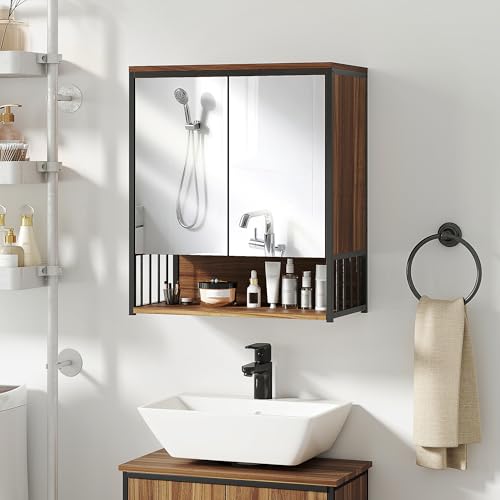 HOMCOM Armoire Murale Salle de Bain avec Miroir 56x65 cm avec Compartiment Ouvert, Meuble Salle de Bain, Armoire de Toilette Porte à Fermeture en Douceur,...