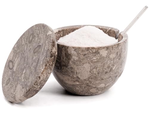 Salzstreuer aus Marmor mit Deckel und Löffel, 7,6 x 10,2 cm, Gewürzdose für Küchenarbeitsplatte, Zuckerdose und Gewürzbehälter