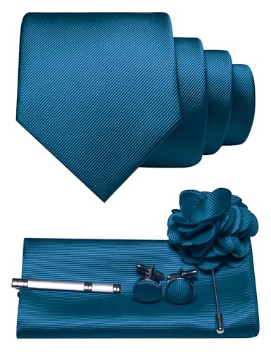 JEMYGINS Corbata de sarga para hombre con diseño monocolor, incluye gemelos cuadrados de bolsillo, pinza de corbata y broche de flores, set de regalo para fiestas, negocios, bodas, azul pavo real, M