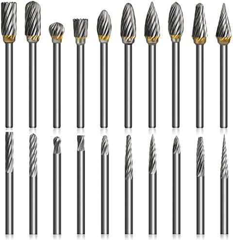 K Kwokker 20PCS 1/8 Shank Tungsten Carbide Burr Set Diamond Files HRA85 Rotary Tool Accessory Kit, Accessories for Dremel Rotary Drill Air Die Grinder, Graving Tools for Metal Polishing, Wood Carving