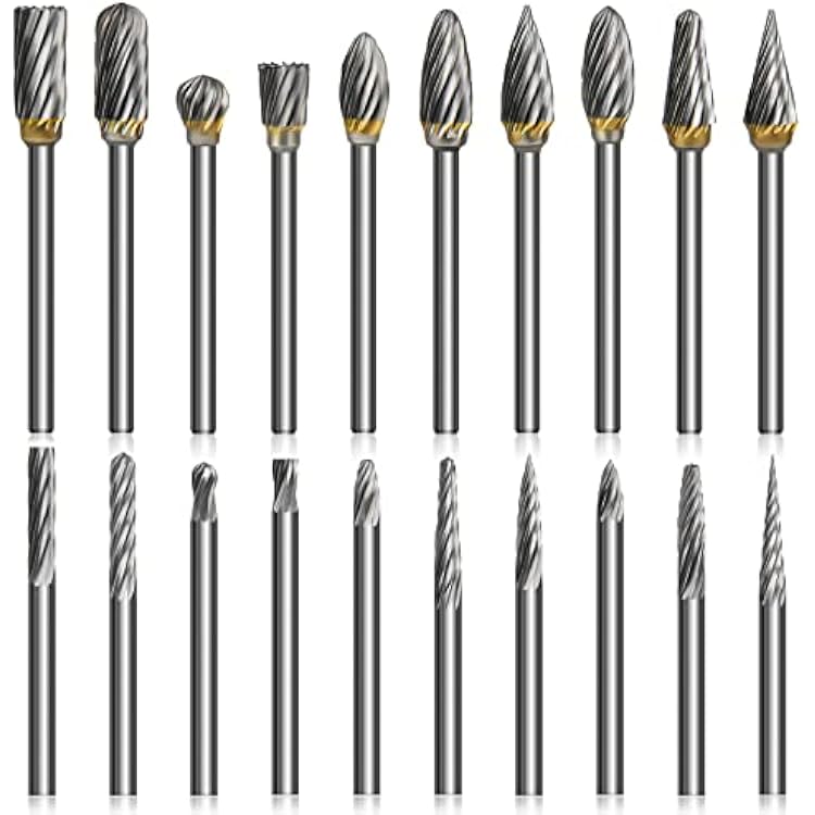 20PCS 1/8 Shank Tungsten Carbide Burr Set Diamond Files HRA85 Rotary Tool Accessory Kit, Accessories for Dremel Rotary Drill Air Die Grinder, Graving Tools for Metal Polishing, Wood Carving