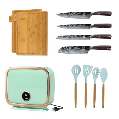 HOABLORN Set de cuchillos de cocina con Bloque de Cuchillos Inteligente de 11 piezas, Autolimpieza con Secado al Aire Caliente a 70°C para Detener la Oxidación,4pcs acero inoxidable alemán