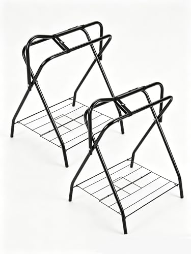 2 Packs Foldable Saddle Rack with Storage Shelf for Horse Stable Equipment Portable Folding Horse Saddle Stand for English & Western Saddles Freestanding Saddle Pad Rack for Horse Tack/Blanket Black