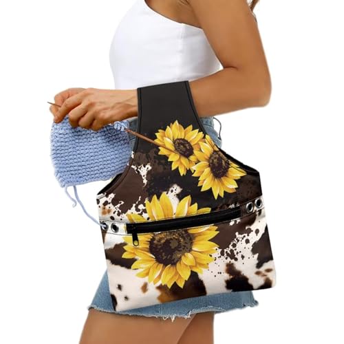Image of KUIFORTI Sunflower Yarn Storage Bag Organizer Cow Print Crochet Tote Bag Portable Knitting Bags for Women Crochet Bags Small Size