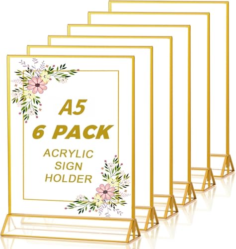 LATERN 6Pcs A5 Clear Acrylic Sign Holder with Gold Border, 15CM x 21CM Double Sided Table Menu Holders Picture Frames with Vertical Stand for Wedding Table Numbers, Restaurant Signs, Photos Display
