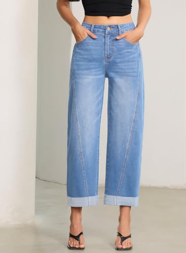 Image of Sidefeel Barrel Jeans for Women High Waisted Wide Leg Baggy Stretchy Trendy Raw Rolled Hem Capri Cropped Ankle Denim Pants