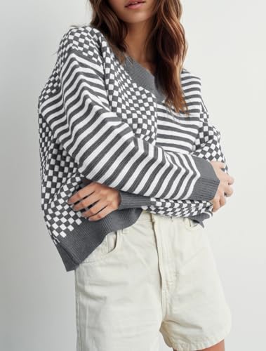 Image of UNCLECAT Womens Striped Checkered Sweater V Neck Fall Trendy Pullover Tops | Long Sleeve, Winter Clothes, Soft Jumpers, Business Casual Outfits, Cute, Fashion, Knitted Sweaters