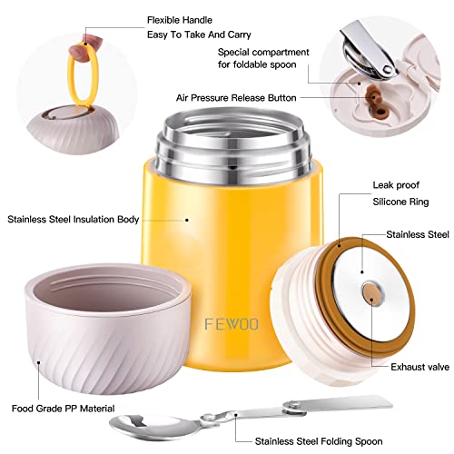 Food Thermos - 20Oz Vacuum Insulated Soup Container, Stainless Steel Lunch Box For Kids Adult, Leak Proof Food Jar With Folding Spoon For Hot Or Cold Food (Yellow) #TOP2