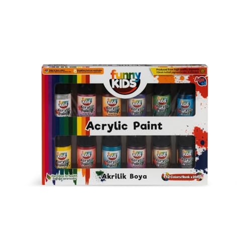 Rich Funny Kids - Juego de 12 pinturas acrílicas de 20 ml, no tóxicas y seguras, colores brillantes para niños, ideales para proyectos de arte, escuela y manualidades, fácil de limpiar