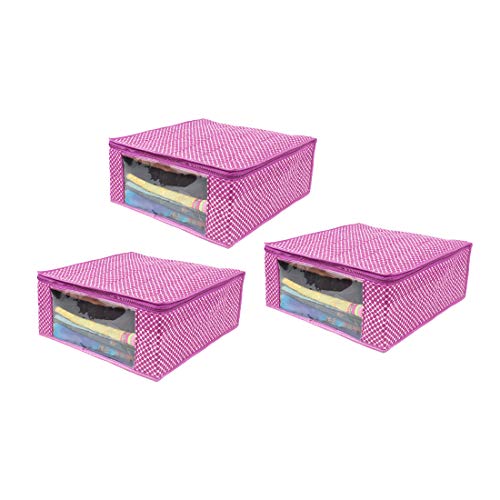 Image of PrettyKrafts Cotton Quilted Large Sari Cover Bag with transparent window, Pack of 3, Pink