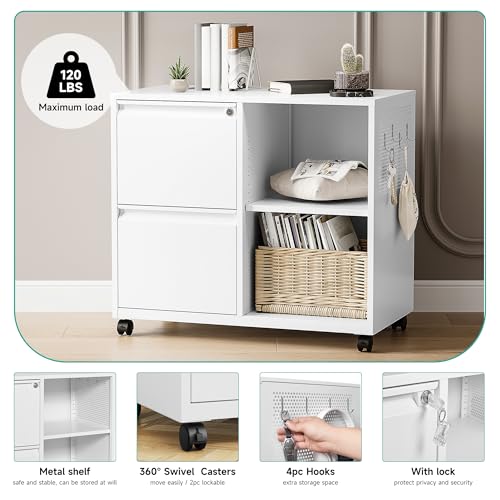 Image of SISESOL 2 Drawer File Cabinet with Lock and Shelf,Mobile Lateral Filing Cabinet,Metal File Organizer Cabinet with Open Storage Shelves for Home Office Fit Legal /Letter A4 Size