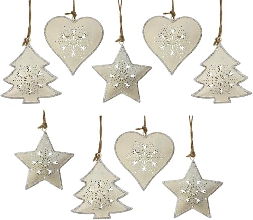 Deko Anhänger Herz Stern Baum im 9er Set je 9 cm, Metall Altweiß...