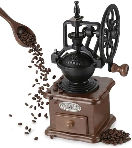 Vintage Coffee Grinder, Manual Hand Crank Coffee Bean Grinder with Ferris Wheel Handle, Adjustable Coarseness, Cast Iron Wooden Mill for Home and Kitchen