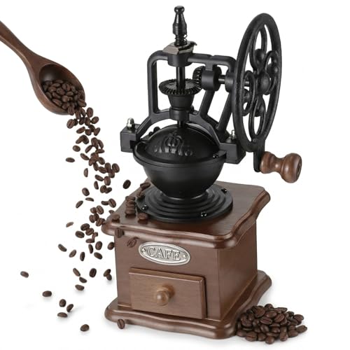 Manual Hand Crank Coffee Grinder, Vintage Cast Iron Wooden Mill,