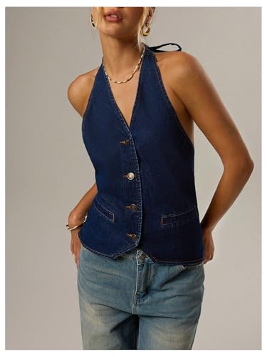 Verdusa Women's Tie Back Button Up Denim Vest Backless Sleeveless Halter Jean Tops3