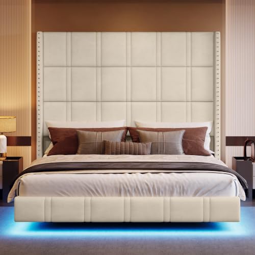 Belffin Queen Floating Bed Frame with 72.44" Extra-Tall Headboard, Beige