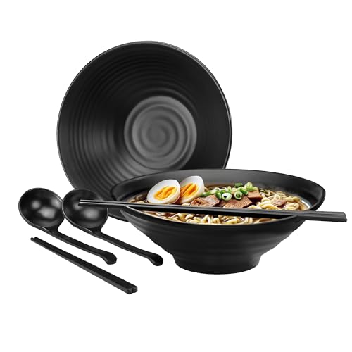 STREAMLINE SUPPLIES Lot de 2 grands bols à ramen japonais avec baguettes et cuillère - 1100 ml - Vaisselle traditionnelle d'inspiration asiatique pour nouilles, soupe, pâtes, salade