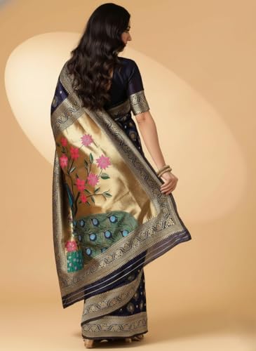 Buy Yashika Women's Banarasi Silk Jacquard Floral Woven Saree Blue - Image 5