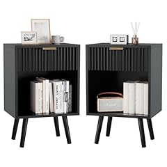 YMYNY Set di 2 Comodini, Tavolino in Legno, Cassetti decorati in ondulata, Scomparto Aperto, Maniglia dorata, Piedi in legno massiccio, per Camera da Letto, Soggiorno, Moderno Nero HST013B-2