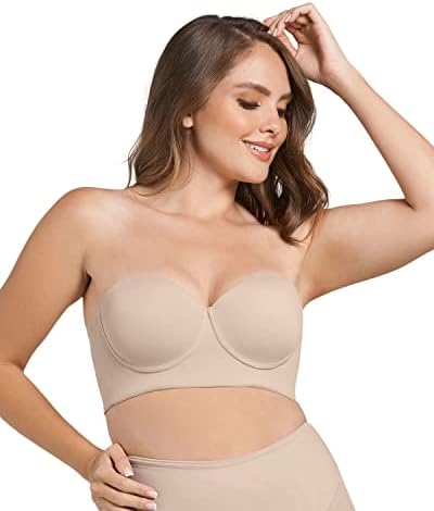 Strapless Underwire Full Coverage Longline Bra - Back Smoothing Bras for Women Beige
