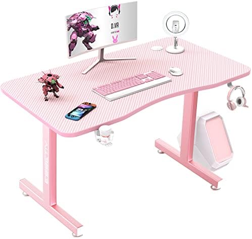 Vitesse Pink 40 Inch Cute Kawaii Computer Gaming Table T Shaped Girl Gamer Workstation Home Office Desk with Carbon Fiber Surface and Headphone Hook