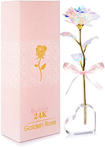 Valentines Gifts for Her Crystal Rose Flowers with Heart Stand, 24k Golden Galaxy Forever Rose for Women Mum Girlfriend Wife Mother Daughter Sister Valentine's Day Mother's Day Birthday Anniversary