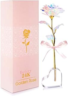 Valentines Gifts for Her Crystal Rose Flowers with Heart Stand, 24k Golden Galaxy Forever Rose for Women Mum Girlfriend Wife Mother Daughter Sister Valentine's Day Mother's Day Birthday Anniversary