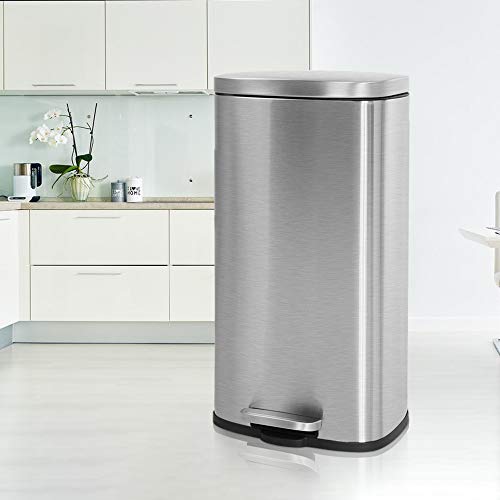Kitchen Trash Can Brushed Stainless Steel 8 Gallon 30L Step Garbage Can Small Tall Waste Basket with Lid Plastic Inner Bucket Metal Pedal Recycle Rubbish Bin for Kitchen Bathroom Bedroom Office