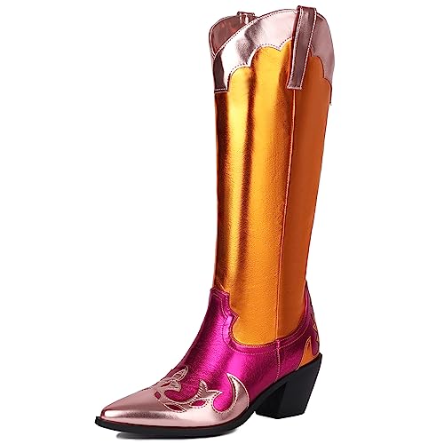 YIYA Women's Multicolor Metallic Pink and Orange Cowgirl Cowboy Knee High Boots Pointed Toe Chunky Block Heel Western Boots Vintage Pull On Tabs Mid Calf Boot