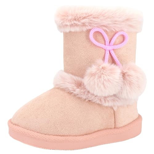 Moceen Baby Girls Winter Boots Toddler Kid Fashion Side Zip Fur Lined Lightweight Warm Snow Boots with Cute Pom Pom Size 8 Toddler 8206 Pink