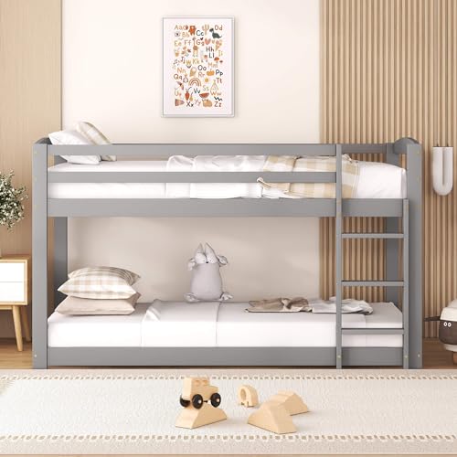 HYUB Litera 90 x 200 cm con escalera y protección anticaídas, cama alta con somier, fácil montaje, cama para 2 niños, marco de cama de madera de pino macizo, sin colchón, gris