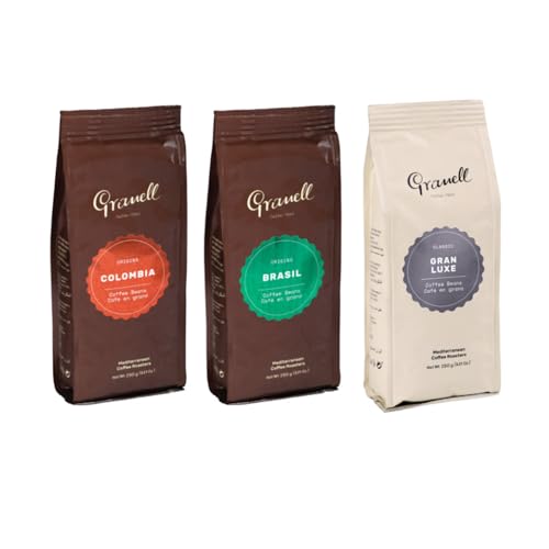 Granell Cafés · 1940 - Pack Degustación Café en Grano para Amantes del Café Solo | Café 100% Arábica Tostado Natural Brasil, Colombia y Gran Luxe | Intensidad Media | Pack de 3 x 250 g