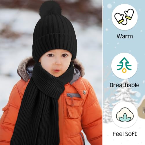 Image of JaGely 2 Sets Kids Winter Hat Gloves Scarf Set Girls and Boys Knit Hat with Pom Warm Scarf Snow Gloves for 3-10 Years Toddler