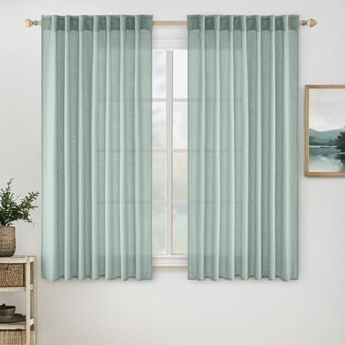 MIULEE Aqua Blue Linen Curtains 54 Inch Length 2 Panels for Bedroom Living Room, Soft Thick Linen Textured Natural Short Window Drapes Semi Sheer Light Filtering Back Tab Rod Pocket Burlap Look Decor