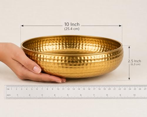Image of Hammered Iron Metal Urli Bowl with Golden Finish - 10 Inch Medium | Floating Flowers, Tea Light Candles, Centre Table, Festive & Diwali Decoration Gift