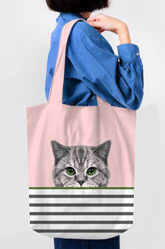 Cute Cat Pink Tote Bag - Cat Gifts For Women - Pink Black Cat Gifts For Cat Lovers - Cat Mom Gifts - Birthday Bags For Cat Lover Gifts - Teacher, Book Tote Bag - Large Reusable For Shopping (Pink Cat) #TOP1