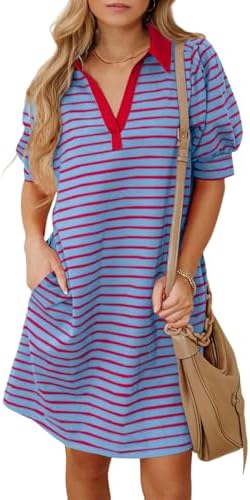 BLENCOT Summer Dresses for Women Puff Sleeve Striped Button Mini Dress