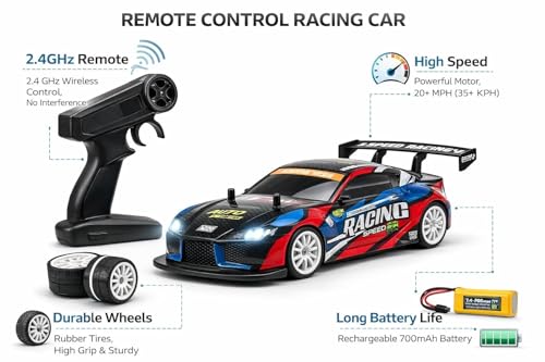 Image of RC Drift Car 1 /14 Scale, 4WD Remote Control Racing Car, 20+ MPH High Speed with LED Lights, 2.4GHz Rechargeable Hobby Drift Car, Multi Color RC Car for Boys & Adults
