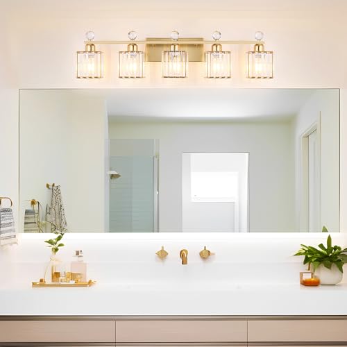 Image of Lxybcce Bathroom Vanity Lights Over Mirror - Easy Installation with Clear Guide, 5-Light Shadow-Free Design, Gold Crystal Finish - for Modern Home Bathroom Lighting Fixtures in DIY Projects