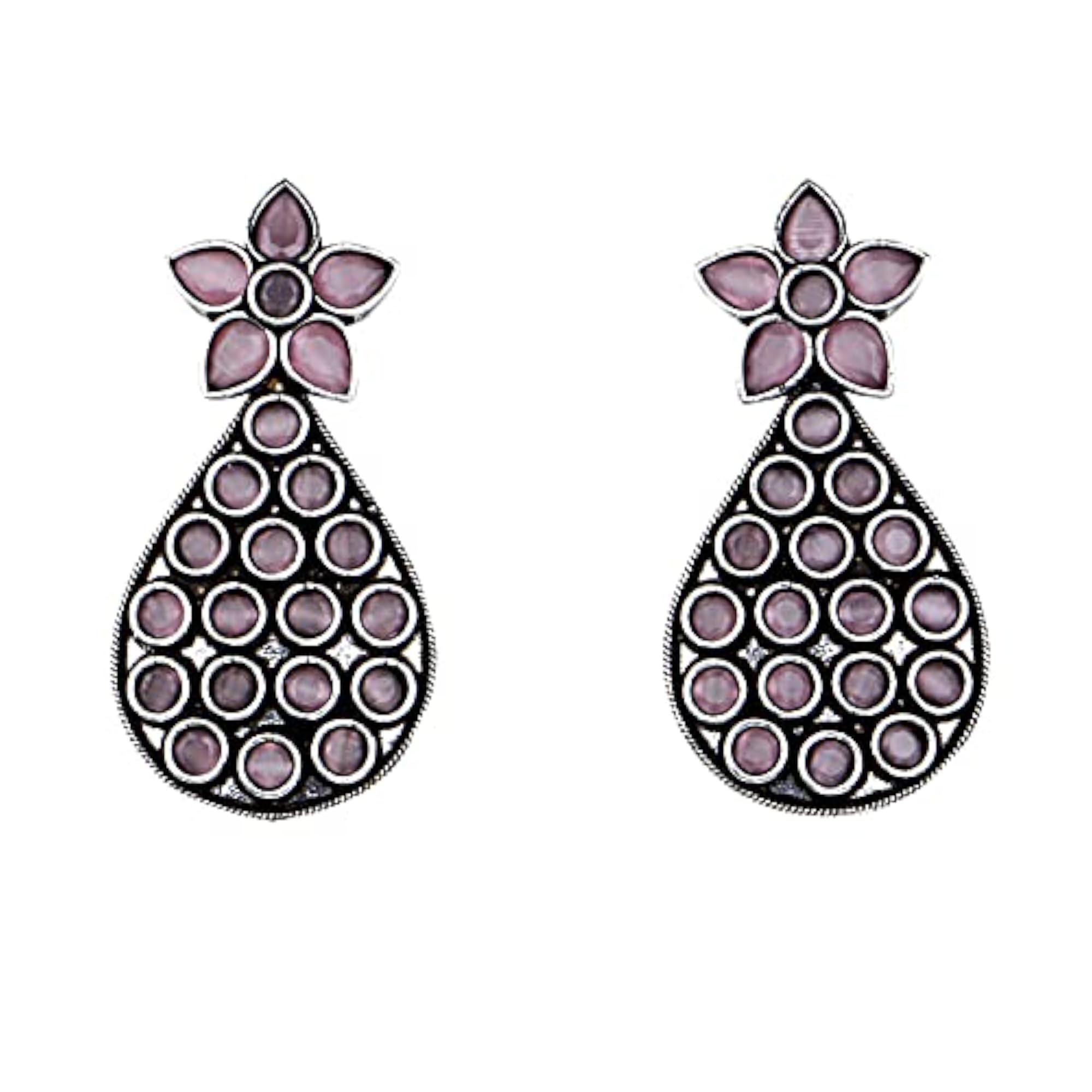 Oxidized AD Stone Rose Pink Flower Stud Earrings for Women