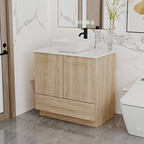 Hitow Bathroom Vanity And Sink Combo, Freestanding Bathroom Vanity Set With Sink Top & Base Cabinet,With Double Doors And Drawer, Wood Color (30 Inch Wide) Type C #TOP19