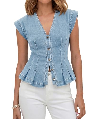 Flvsun Women's Sleeveless Denim Vest Button Down Shirt V Neck Slim Fit Peplum Top Casual Western Denim Blouse for Summer Light Blue XS