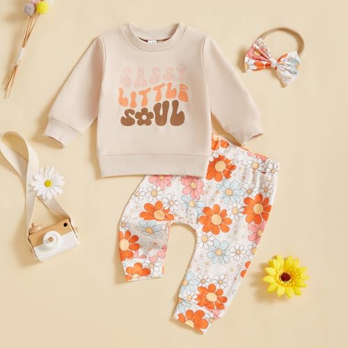 Karuedoo Toddler Baby Girl Clothes Letter Print Long Sleeve Sweatshirt Top Floral Pants Headband Set 3Pcs Fall Winter Outfits2
