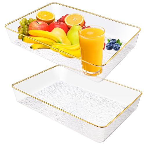 2 vassoi profondi in plastica, 21 x 31 x 4 cm, vassoio decorativo con bordo dorato, piatti ottomani trasparenti per servire cibo, feste, colazione, cucina, bagno, tavolino (2 pezzi)